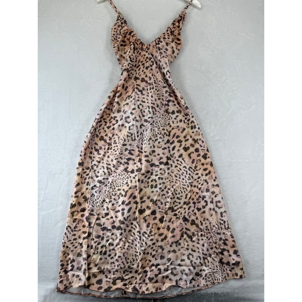 ASOS DESIGN Women Leopard Print Satin Slip Midi Dress Ruched Bust Tan US 6 NEW